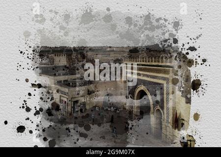 Abstrait bâtiment coloré dans la ville sur aquarelle illustration peinture arrière-plan. Fez Maroc ancien bâtiment Banque D'Images