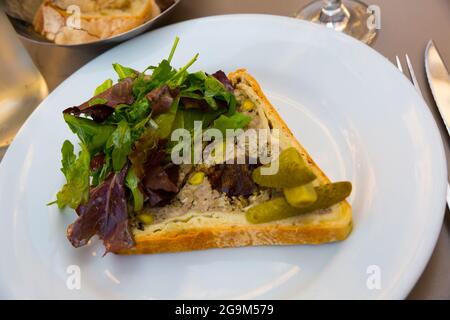 Delicious Pate en croute maison - plat traditionnel français de farce de viande avec pistache cuite dans la pâte servie avec des légumes verts et des cornichons Banque D'Images