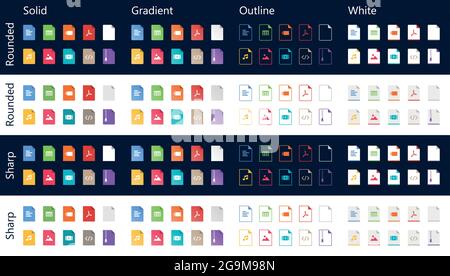 Jeu d'icônes de types de fichiers - couleur unie, dégradé, contour. Pack de pictogrammes de format de fichier vectoriel Illustration de Vecteur