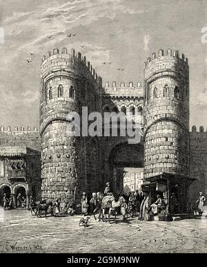 Bab al Futuh Gate (Conquest Gate) est l'une des trois portes restantes dans les murs de la vieille ville du Caire, en Égypte. Il a été terminé en l'an 1087 et fait face au nord. La porte faisait partie de la fortification construite par Vizier Badr al-Jamali de Fatimide Imam/caliph Mustansir. Égypte, Afrique du Nord. Ancienne illustration gravée du XIXe siècle d'El Mundo Ilustrado 1879 Banque D'Images