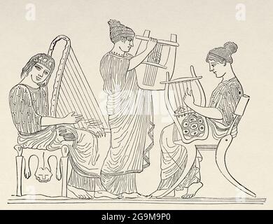 Concert de musique représenté dans un vase grec, Grèce. Europe. Ancienne illustration gravée du XIXe siècle d'El Mundo Ilustrado 1879 Banque D'Images