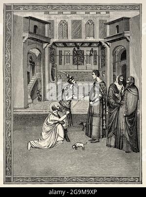 Joseph d'Arimathea avant Pilate. Joseph d'Arimathea accompagné de Nicodème, ils vont demander à Pilate d'enterrer le corps de Jésus-Christ, gravure du XIVe siècle. Ancienne illustration gravée du XIXe siècle de Jésus-Christ par Veuillot 1881 Banque D'Images