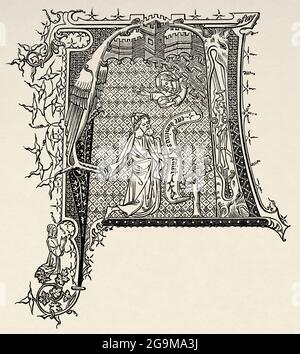 Lettre majuscule initiale A, XIVe siècle. Ancienne illustration gravée du XIXe siècle de Jésus-Christ par Veuillot 1881 Banque D'Images