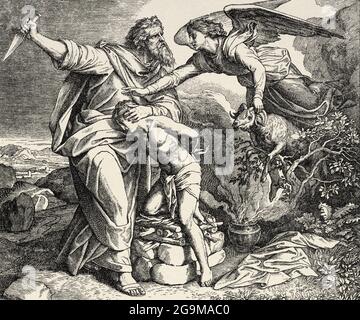 Genèse. Le sacrifice d'Isaac. Abraham offrant à son fils Isaac comme un sacrifice à Dieu. À cause de son obéissance, Dieu l'a libéré de son vœu et a placé un bélier près de ce qu'Abraham pouvait sacrifier au lieu d'Isaac. Histoire biblique sacrée ancien Testament. Ancienne gravure du livre Historia Sagrada 1920 Juan Lagui Lliteras Banque D'Images