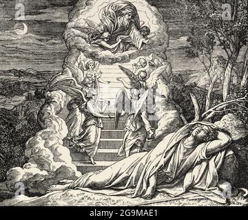 Genèse. Jacob rêve qu'il y avait une échelle reposant sur la terre dont l'extrémité supérieure atteint jusqu'à ce que le ciel et les anges de Dieu s'y montaient. Histoire biblique sacrée ancien Testament. Ancienne gravure du livre Historia Sagrada 1920 Juan Lagui Lliteras Banque D'Images
