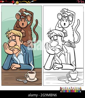 Dessin animé illustration de singe sur votre proverbe arrière avec des caractères de bande dessinée page de livre de coloriage Illustration de Vecteur