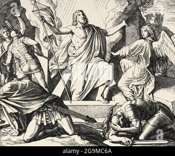 Jésus résurrection des morts. Notre Seigneur Jésus, fils de Dieu, a été ressuscité divinement par sa propre vertu. Matthew livre, Nouveau Testament Histoire biblique sacrée. Ancienne gravure du livre Historia Sagrada 1920 Juan Lagui Lliteras Banque D'Images