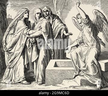Femmes à la tombe de Jésus. Un ange annonce la résurrection de notre Seigneur Jésus, fils de Dieu, aux femmes saintes. Mark Book, Nouveau Testament Histoire biblique sacrée. Ancienne gravure du livre Historia Sagrada 1920 Juan Lagui Lliteras Banque D'Images