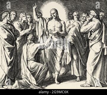 Jésus apparaît aux apôtres. Notre Seigneur Jésus, fils de Dieu, dit à Thomas de mettre votre main à mes côtés. John livre, Nouveau Testament Histoire biblique sacrée. Ancienne gravure du livre Historia Sagrada 1920 Juan Lagui Lliteras Banque D'Images