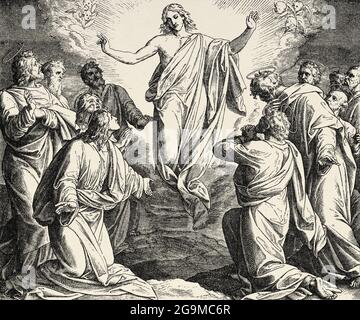L'ascension du Christ. Notre Seigneur Jésus, fils de Dieu, monte dans les cieux devant les apôtres. Luke livre, Nouveau Testament Histoire biblique sacrée. Ancienne gravure du livre Historia Sagrada 1920 Juan Lagui Lliteras Banque D'Images