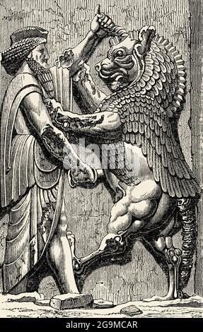 Roi Perse au combat avec un monstre symbolisant Ahriman. Ahriman Angra Mainyu, première incarnation de Evil. Animal tué par le roi grand soulagement du palais Darío. Persepolis capitale cérémonielle de l'Empire achéménide, patrimoine mondial de l'UNESCO. Province de Fars. Iran. Ancienne illustration de la gravure du livre Universal History de Oscar Jager 1890 Banque D'Images