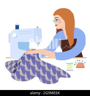 Couturière couturière mode fille ragoûts une robe élégante sur une machine à coudre. Illustration vectorielle Illustration de Vecteur