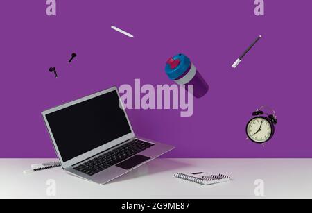 Fournitures de bureau articles de papeterie Levitate sur table blanche. Mise en page créative pour la rentrée Banque D'Images