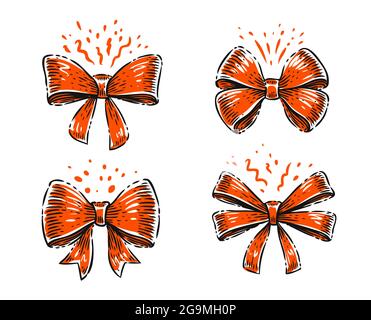 Ensemble de boucles cadeau rouges avec rubans. Décoration pour vecteur de vacances Illustration de Vecteur