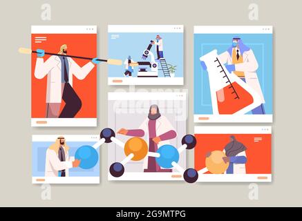 chercheurs travaillant avec des tubes à essai scientifiques arabes faisant des expériences chimiques en génie moléculaire de laboratoire Illustration de Vecteur