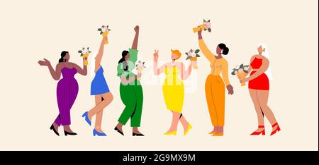 Femmes en robes de couleur arc-en-ciel avec bouquets de fleurs dans leurs mains. La fête arc-en-ciel. Affiche horizontale de style plat pour carte de vœux Illustration de Vecteur