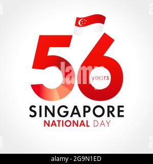 56 ans anniversaire de la Journée nationale de Singapour avec chiffres et drapeau. Happy Singapore Independence Day 9 août, republic Celebration Vector card Illustration de Vecteur