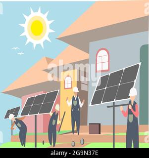 Illustration vecteur dessin animé art des travailleurs de l'entreprise travaillant à installer des panneaux solaires dans une maison comme campagne écologique. Illustration de Vecteur