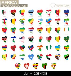 Collection de drapeaux vectoriels de pays africains. Jeu d'icônes en forme de cœur. Illustration de Vecteur