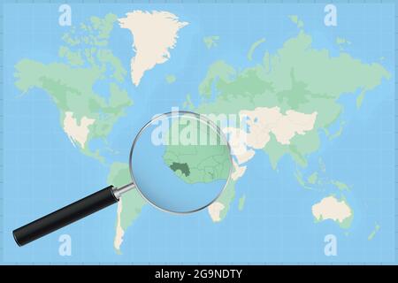 Carte du monde avec une loupe sur une carte de Guinée carte détaillée de la Guinée et des pays voisins dans la loupe. Illustration de Vecteur