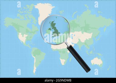 Carte du monde avec une loupe sur une carte du Royaume-Uni carte détaillée du Royaume-Uni et des pays voisins dans la loupe. Illustration de Vecteur