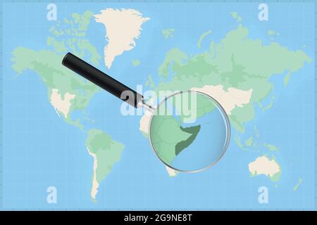 Carte du monde avec une loupe sur une carte de la Somalie carte détaillée de la Somalie et des pays voisins dans la loupe. Illustration de Vecteur