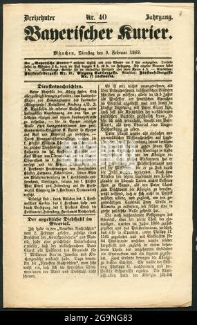 Munich, journal historique: 'Bayerischer Kurier', n° 40, publié le 9.2.1869, INFO-DROITS-AUTORISATION-SUPPLÉMENTAIRES-NON-DISPONIBLE Banque D'Images