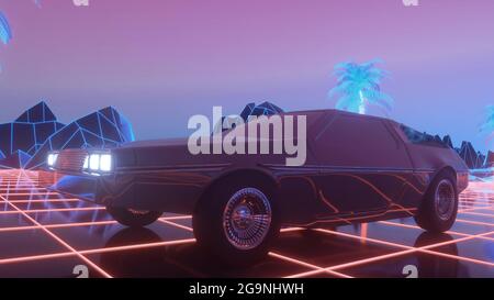 Une voiture futuriste traverse un espace abstrait au néon. Arrière-plan de Retawave. rendu 3d Banque D'Images