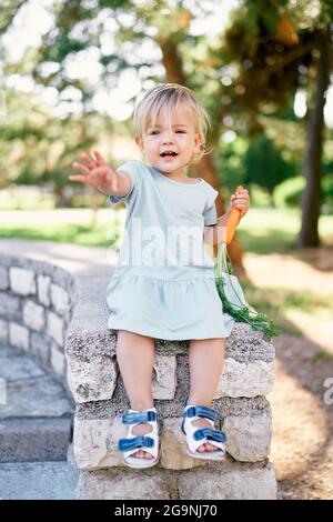 Une petite fille dans une robe avec une carotte dans sa main est assise sur une clôture en pierre dans le parc Banque D'Images