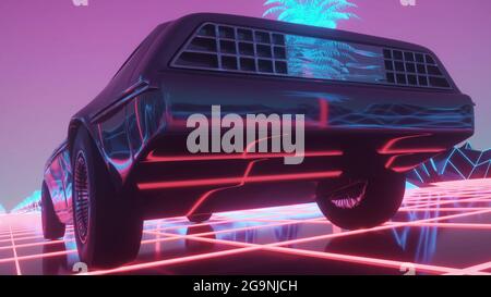 Voiture de style cyber-punk au néon. arrière-plan ondes 80. Une voiture futuriste rétro traverse la ville de Neon. rendu 3d Banque D'Images