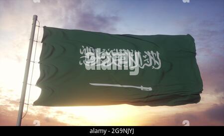 Drapeau de l'Arabie Saoudite agitant dans le vent contre un ciel profond et magnifique au coucher du soleil. rendu 3d Banque D'Images