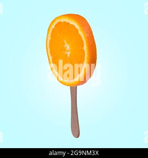 Tranche d'orange sur un bâton de popsicle sur fond bleu. Concept minimal de fruits et rafraîchissements créatifs. Banque D'Images