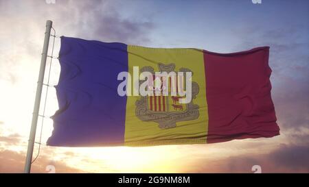 Drapeau d'Andorre agitant dans le vent, le ciel et le soleil fond. rendu 3d Banque D'Images