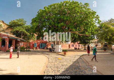 Rues colorées de l'île de Goree, Dakar, Sénégal. Island est connue pour son rôle dans le commerce des esclaves de l'Atlantique du XVe au XIXe siècle. Banque D'Images