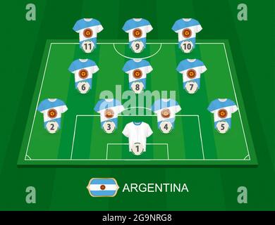 Terrain de football avec les joueurs de l'équipe nationale Argentine. Lineups formation 4-3-3 sur la moitié du terrain de football. Illustration de Vecteur