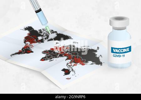 Injection d'une seringue avec un vaccin COVID-19 dans une carte du monde infectée. Lutte contre le coronavirus. Illustration vectorielle. Illustration de Vecteur