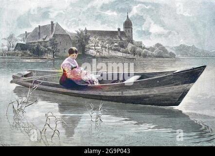 Friedliche Stimmung am Chiemsee, in einem Kahn sitzt eine Frau im Feiertagskleid und hält ihr Baby im Arm, Historisch, historique, numérique reproduction améliorée d'un original du XIXe siècle, colioriert / numérique Reproduktion einer Originalvorlage aus dem 19. Jahrhundert, coloré, Originaldatum nicht bekannt Banque D'Images