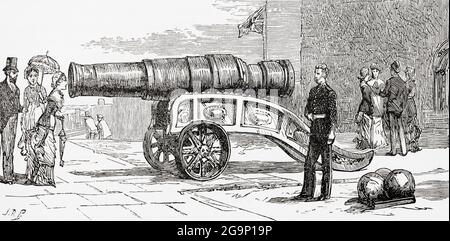 Mons Meg, un bombardement médiéval situé dans le château d'Édimbourg, Castle Rock, Édimbourg, Écosse, vu ici au XIXe siècle. De l'Ecosse pittoresque ses scènes romantiques et ses associations historiques, publié vers 1890. Banque D'Images