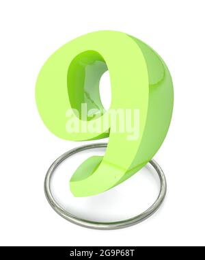 Numéro 9 vert sur cercle métallique sur fond blanc - illustration du rendu 3D Banque D'Images