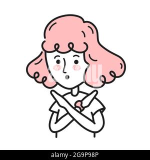 Jeune femme croisant les bras et ne disant aucun geste. Illustration du personnage de dessin animé Doodle vectoriel. Isolé sur fond blanc. Fille personne faisant la forme X, signe d'arrêt avec les mains et expression négative Illustration de Vecteur