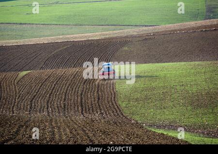 un tracteur bleu avec une charrue sillle sol Banque D'Images