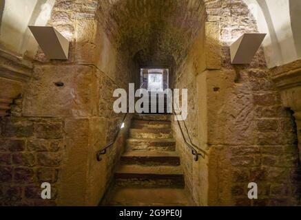 Speyer, Allemagne. 27 juillet 2021. Vue sur le bâtiment de la mikvah, construit en 1120 dans le style architectural roman. Le bain rituel juif avec piscine à environ dix mètres en dessous du niveau de la rue d'aujourd'hui dans son style architectural monumental est considéré comme la plus ancienne mikvah connue de ce genre. Pour la première fois, l'UNESCO a désigné les biens culturels juifs d'Allemagne comme sites du patrimoine mondial, le prix convoité allant aux sites dits de Shum de Mayence, Worms et Speyer comme un berceau de la juive européenne. Credit: Frank Rumpenhorst/dpa/Alay Live News Banque D'Images