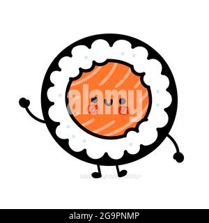 Adorable petit sushi drôle. Icône d'illustration de personnage de dessin animé kawaii à plan vectoriel. Isolé sur fond blanc. Sushi roll, maki, cuisine asiatique dessin animé concept de personnage Illustration de Vecteur