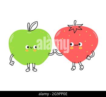 Fruits aux pommes et aux fraises amusants et mignons. Illustration vectorielle de personnage de dessin animé kawaii Doodle. Fraise, pomme fruit amis mascotte personnage de dessin animé concept.isolé sur fond blanc Illustration de Vecteur