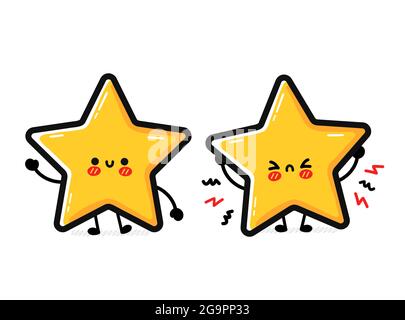 Adorable drôle de triste et heureux personnage de signe d'étoile. Icône d'illustration de personnage de dessin animé à la main de vecteur kawaii. Isolé sur fond blanc. Symbole de classement des étoiles, bon, mauvais commentaire concept de personnage de doodle Illustration de Vecteur