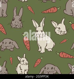 Motif vectoriel sans couture avec lapins et carottes. Design avec des lièvres sur fond vert. Illustration de Vecteur