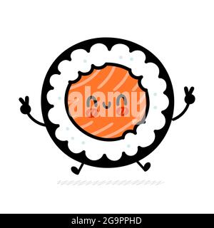 Mignon petit sushi drôle saut de caractère. Icône d'illustration de personnage de dessin animé kawaii à plan vectoriel. Isolé sur fond blanc. Sushi roll, maki, cuisine asiatique dessin animé concept de personnage Illustration de Vecteur