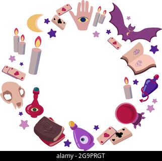 Une couronne mystique avec les attributs de la divination et de la magie et de l'occultisme : une boule de cristal, une chauve-souris, des livres magiques, des cartes de divination, des bougies, un crâne, des bouteilles avec des potions et des yeux, des étoiles. Vecteur isolé sur fond blanc Illustration de Vecteur