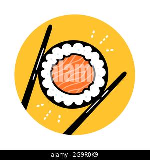 Baguettes contenant un rouleau de sushi. Dessin main vectoriel dessin animé Doodle illustration logo vintage icône. Rouleau maki sushi au saumon, baguettes, concept de logo de restaurant asiatique Illustration de Vecteur