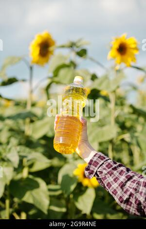 Main de jeune femme agricole contemporaine tenant une bouteille en plastique avec huile de tournesol fraîche contre des plantes vertes avec de grandes fleurs jaunes Banque D'Images